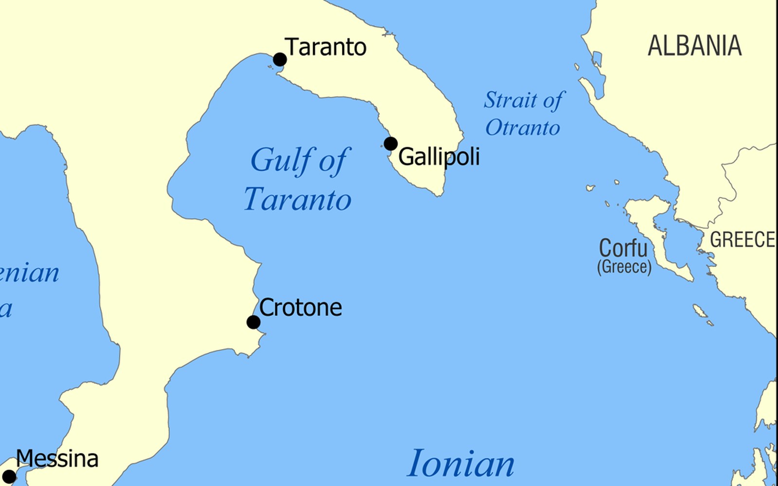 A printed chart of the Gulf of Taranto and the Strait of Otranto, with Taranto, Gallipoli, Crotone, Messina and Corfu marked